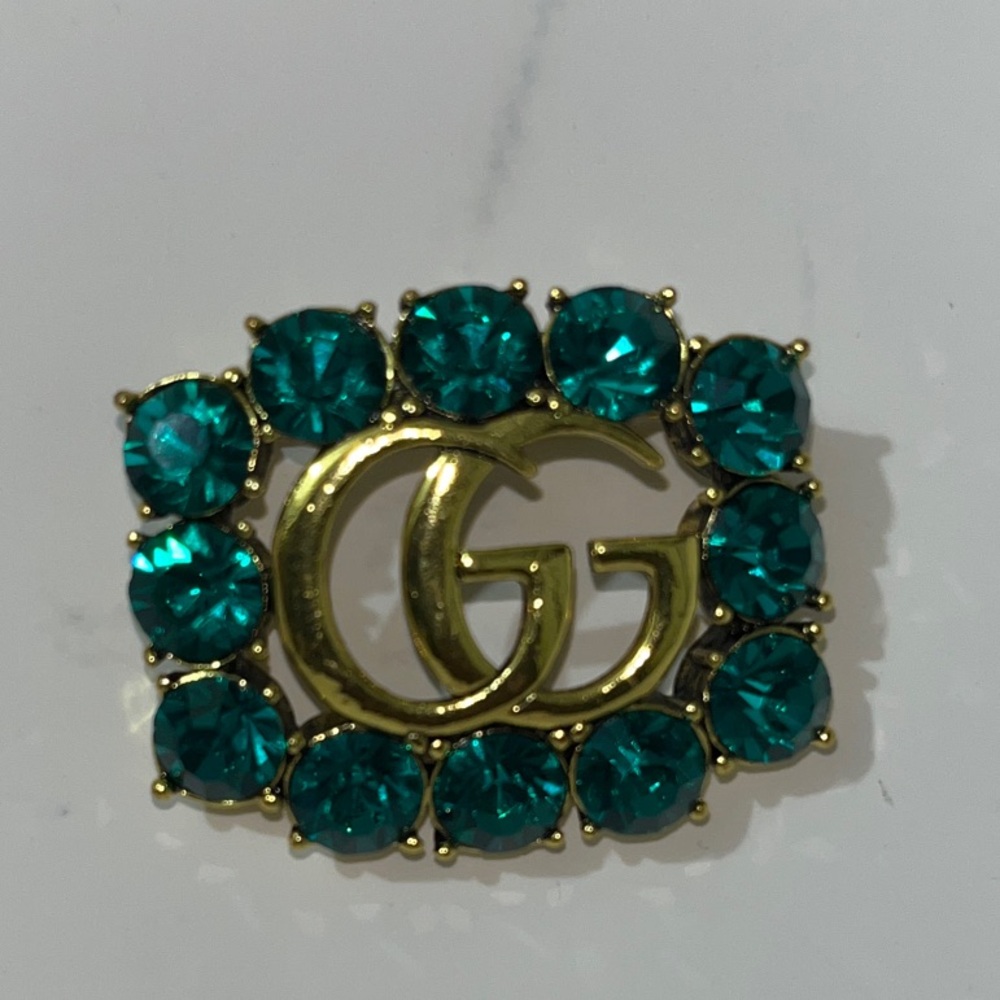 Gucci Gold Double G Brooch with Teal Crystals